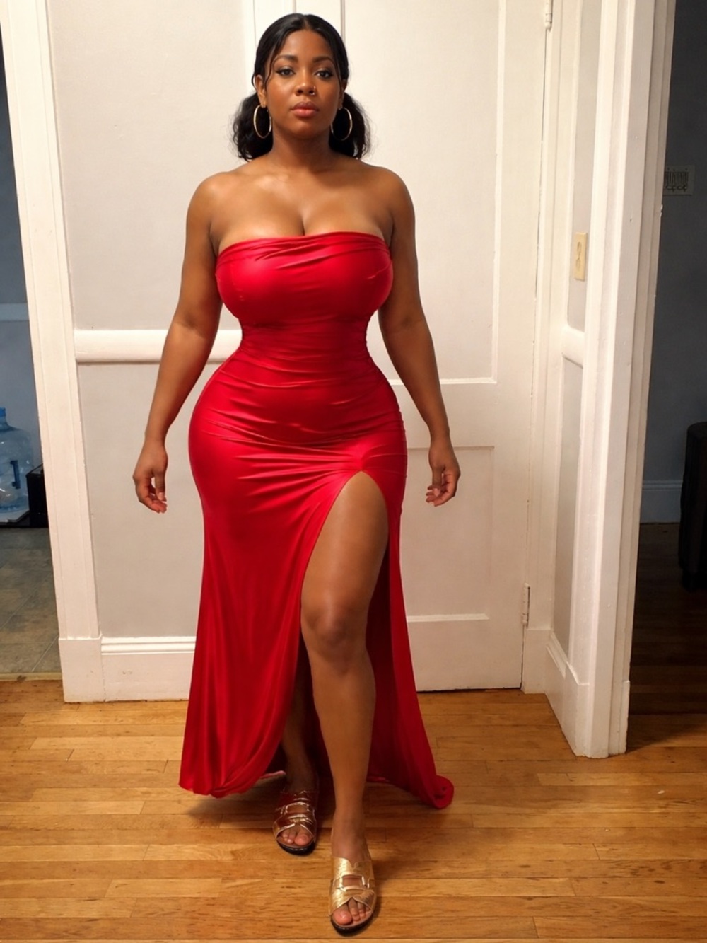 Strapless Red Maxi Dress with High Thigh Slit